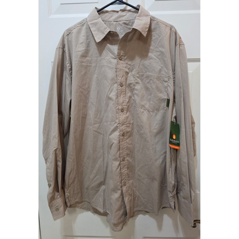 Sun River Clothing Co Mens Large Khaki Tan Dobby Stitch Button Down Shirt NWT